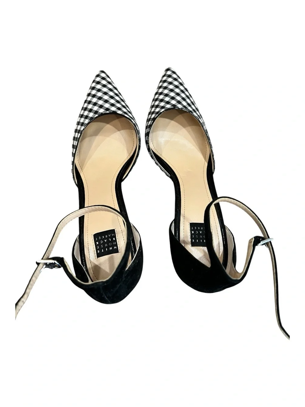 White House Black Market Gianna Gingham Ankle Strap Pumps 8.5 Black White